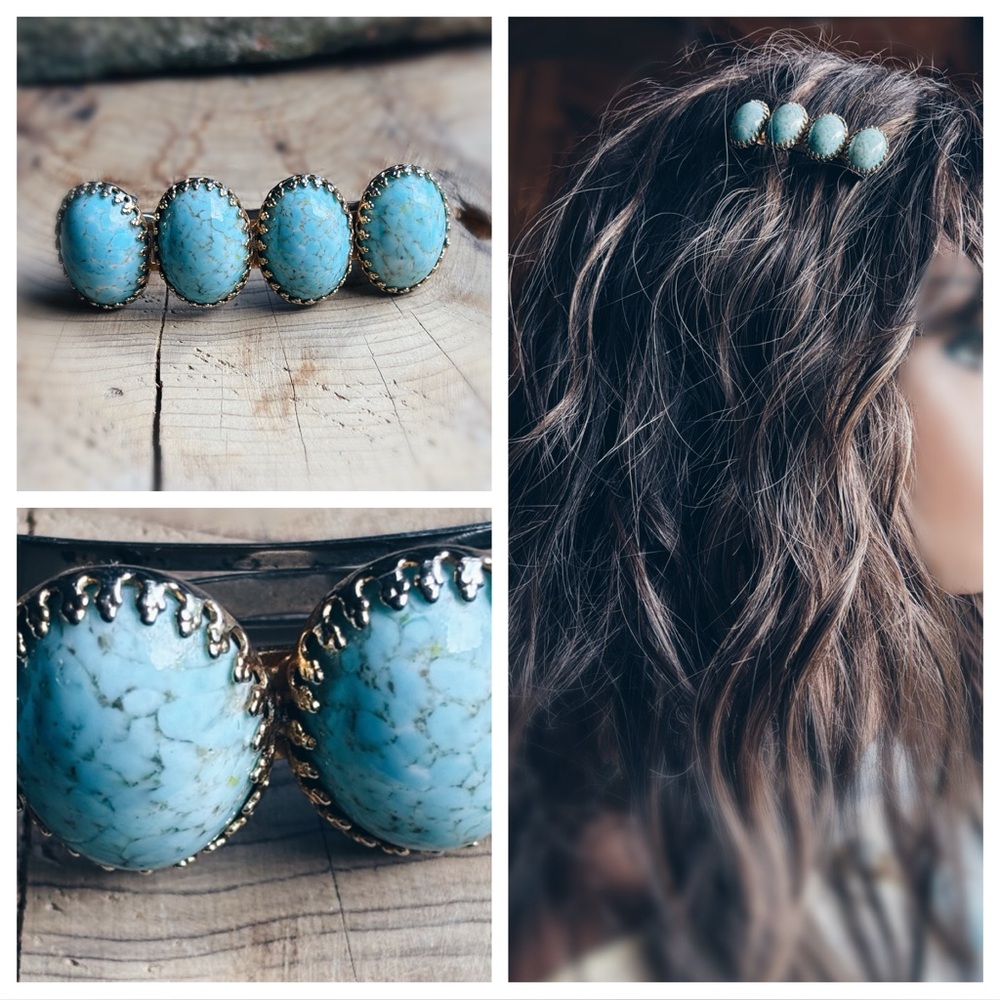 Vintage Turquoise Cabochon Barrette Made in France 2” Western Boho - Picture 4 of 14